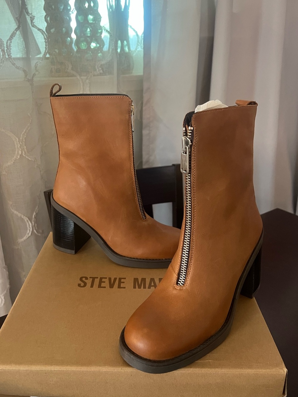 Steve Madden Tan Leather Front-Zip Block Heel Booties